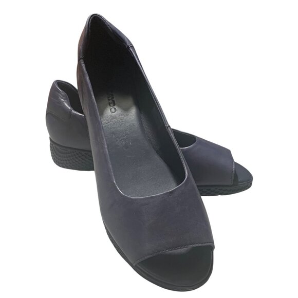 SAYDO Navy Blue Leather Peep Toe Wedge Heel Women's Comfort Shoes Size - Picture 1 of 9